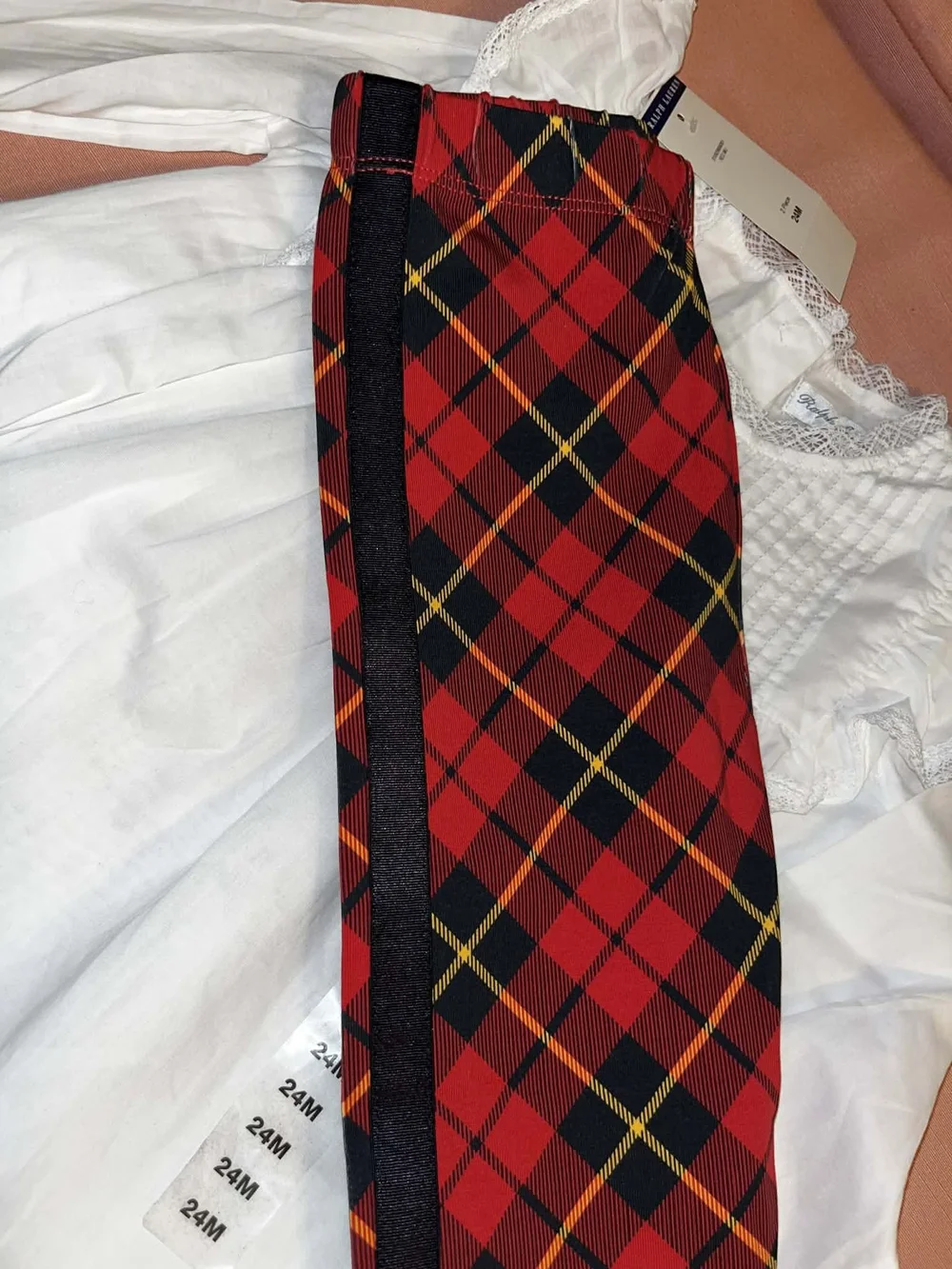 Ralph Lauren Red Black Plaid Pants With White Smock Top Ruffle Sleeves